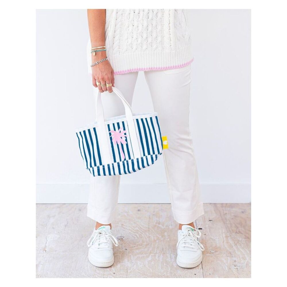 KERRI ROSENTHAL Women's White Striped Canvas Top Handle Strap Tote Handbag Purse - Picture 2 of 3